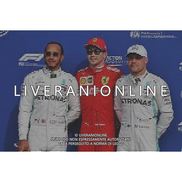 Qualifying top three in parc ferme (L to R): Lewis Hamilton (GBR) Mercedes AMG F1, second; Charles Leclerc (MON) Ferrari, pole position; Valtteri Bottas (FIN) Mercedes AMG F1, third. 07.09.2019. Formula 1 World Championship, Rd 14, Italian Grand Prix, Monza, Italy, Qualifying Day. AG ALDO LIVERANI SAS-ONLY ITALY