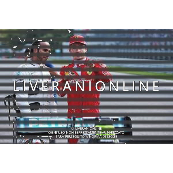 (L to R): Lewis Hamilton (GBR) Mercedes AMG F1 with pole sitter Lewis Hamilton (GBR) Mercedes AMG F1 in qualifying parc ferme. 07.09.2019. Formula 1 World Championship, Rd 14, Italian Grand Prix, Monza, Italy, Qualifying Day. AG ALDO LIVERANI SAS-ONLY ITALY