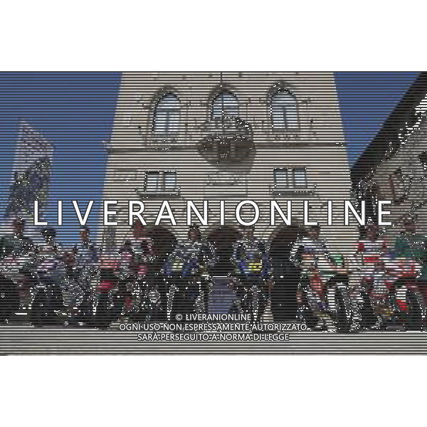 REPUBBLICA di SAN MARINO 12/09/2019 - MotoGP Parade i Piloti del Motomondiale sul piazzale della Liberta\'. nella foto: Riccardo Rossi (Kommerling Gresini Moto3) e Niccolo\' Antonelli (SIC58 Squadra Corse), Moto2 Luca Marini e Nicolo\' Bulega (Sky Racing Team VR46) e Fabio Di Giannantonio (Speed Up) e per MotoE Niccolo\' Canepa (LCR E-Team) e il sammarinese Alex De Angelis (Octo Pramac MotoE) ©Claudio Zamagni/Agenzia Aldo Liverani s.a.s. / AGENZIA ALDO LIVERANI SAS