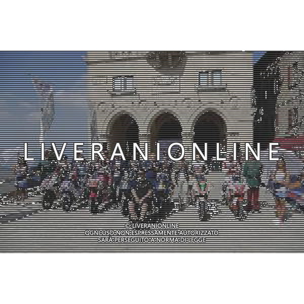 REPUBBLICA di SAN MARINO 12/09/2019 - MotoGP Parade i Piloti del Motomondiale sul piazzale della Liberta\'. nella foto: Bryan Toccaceli con Riccardo Rossi (Kommerling Gresini Moto3) e Niccolo\' Antonelli (SIC58 Squadra Corse), per la Moto2 Luca Marini e Nicolo\' Bulega (Sky Racing Team VR46) e Fabio Di Giannantonio (Speed Up) e per MotoE Niccolo\' Canepa (LCR E-Team) e il sammarinese Alex De Angelis (Octo Pramac MotoE) ©Claudio Zamagni/Agenzia Aldo Liverani s.a.s. / AGENZIA ALDO LIVERANI SAS