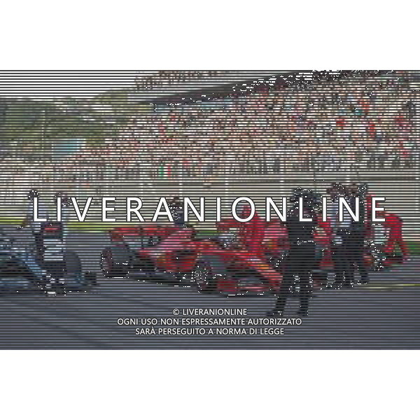 Lewis Hamilton (GBR) Mercedes AMG F1 W10 and Charles Leclerc (MON) Ferrari SF90 in qualifying parc ferme. 28.09.2019. Formula 1 World Championship, Rd 16, Russian Grand Prix, Sochi Autodrom, Sochi, Russia, Qualifying Day. AG ALDO LIVERANI SAS-ONLY ITALY