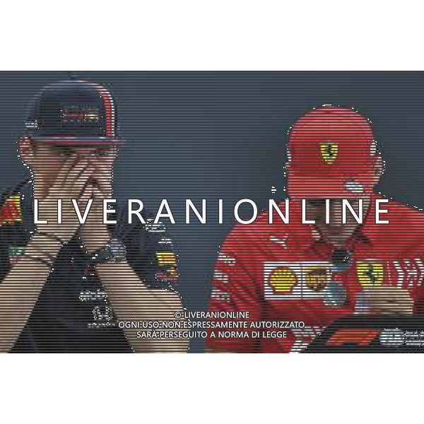 (L to R): Max Verstappen (NLD) Red Bull Racing with Charles Leclerc (MON) Ferrari in the FIA Press Conference. 10.10.2019. Formula 1 World Championship, Rd 17, Japanese Grand Prix, Suzuka, Japan, Preparation Day. AG ALDO LIVERANI SAS-ONLY ITALY