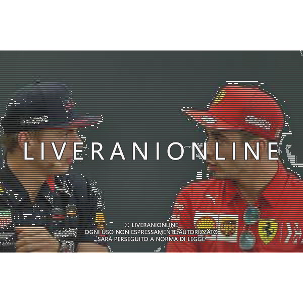 (L to R): Max Verstappen (NLD) Red Bull Racing and Charles Leclerc (MON) Ferrari in the FIA Press Conference. 10.10.2019. Formula 1 World Championship, Rd 17, Japanese Grand Prix, Suzuka, Japan, Preparation Day. AG ALDO LIVERANI SAS-ONLY ITALY
