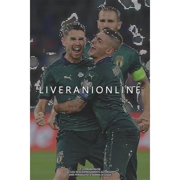 Roma 12.10.2019 Stadio Olimpico 12.10.2019 Italia vs Grecia Qualiificazioni Euro 2020 ©Viganti/Agenzia Aldo Liverani Nella foto: esultanza di jorginho e marco verratti