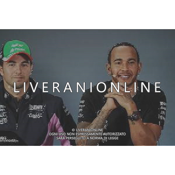 (L to R): Sergio Perez (MEX) Racing Point F1 Team with Lewis Hamilton (GBR) Mercedes AMG F1 in the FIA Press Conference. 24.10.2019. Formula 1 World Championship, Rd 18, Mexican Grand Prix, Mexico City, Mexico, Preparation Day. AG ALDO LIVERANI SAS-ONLY ITALY