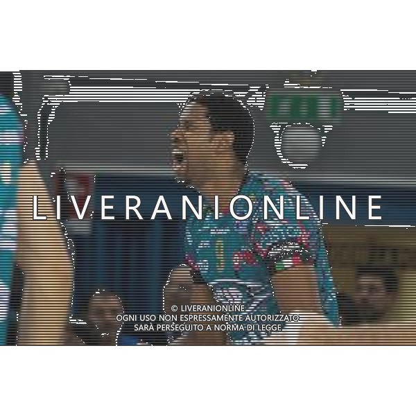 Volley Supercoppa Maschile Civitanova Marche, Italia 02/11/2019 Finale - Sir Safety Perugia vs Modena Volley Nella foto: wilfredo leon venero (n.9 schiacciatore sir safety conad perugia) esulta per il pounto vittoria del primo set FOTO ALESSIO MARINI-AG ALDO LIVERANI SAS
