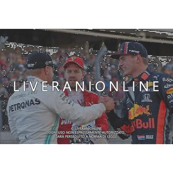Valtteri Bottas (FIN) Mercedes AMG F1 celebrates his pole position in qualifying parc ferme with Sebastian Vettel (GER) Ferrari and Max Verstappen (NLD) Red Bull Racing. 02.11.2019. Formula 1 World Championship, Rd 19, United States Grand Prix, Austin, Texas, USA, Qualifying Day. @/AGENZIA ALDO LIVERANI Sas - ITALY ONLY EDITORIAL USE ONLY - - GP F1 USA PROVE UFFICIALI QUALIFICHE AUSTIN 02.11.2019