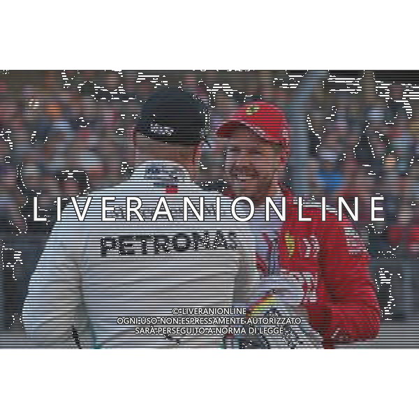 Valtteri Bottas (FIN) Mercedes AMG F1 celebrates his pole position in qualifying parc ferme with Sebastian Vettel (GER) Ferrari. 02.11.2019. Formula 1 World Championship, Rd 19, United States Grand Prix, Austin, Texas, USA, Qualifying Day. @/AGENZIA ALDO LIVERANI Sas - ITALY ONLY EDITORIAL USE ONLY - - GP F1 USA PROVE UFFICIALI QUALIFICHE AUSTIN 02.11.2019
