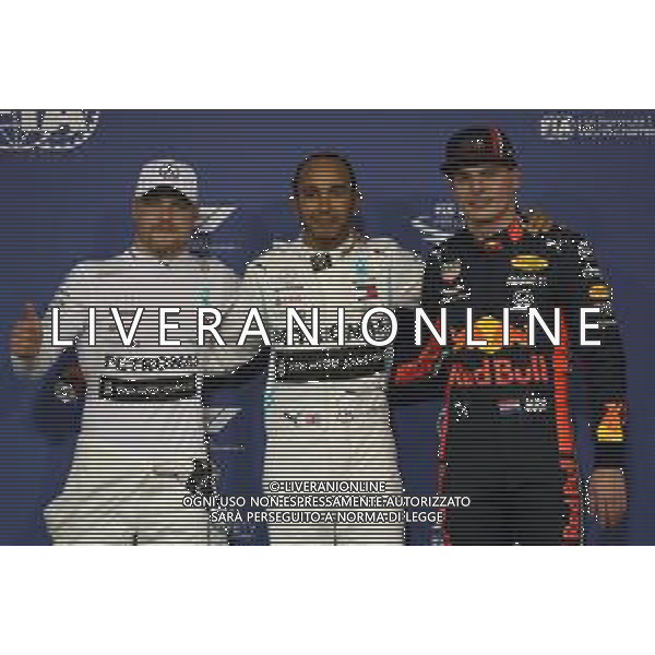 Pole for Lewis Hamilton (GBR) Mercedes AMG F1 W10, 2nd for Valtteri Bottas (FIN) Mercedes AMG F1 W10 and 3rd for Max Verstappen (NLD) Red Bull Racing RB15. 30.11.2019. Formula 1 World Championship, Rd 21, Abu Dhabi Grand Prix, Yas Marina Circuit, Abu Dhabi, Qualifying Day. - ©/AGENZIA ALDO LIVERANI SAS - ITALY ONLY EDITORIAL USE ONLY - GP F1 ABU DHABI PROVE UFFICIALI QUALIFICHE 30.11.2019