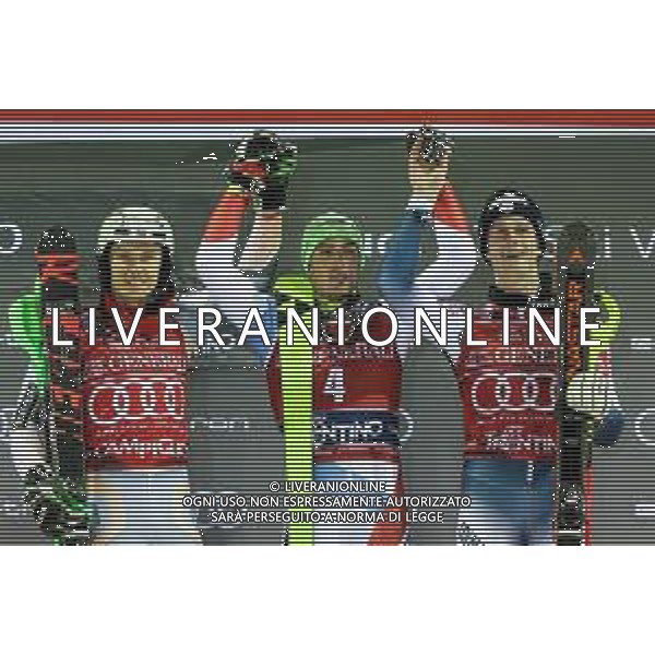 Sci Alpino Madonna di Campiglio, Italia 08/01/2020 Coppa del Mondo - 3Tre - Night Slalom Maschile Nella foto: Il podio delle 3Ter YULE Daniel SUI primo KRISTOFFERSEN Henrik NOR secondo NOEL Clement FRA terzo ©LM/Luca Tedeschi/ AGENZIA ALDO LIVERANI SAS