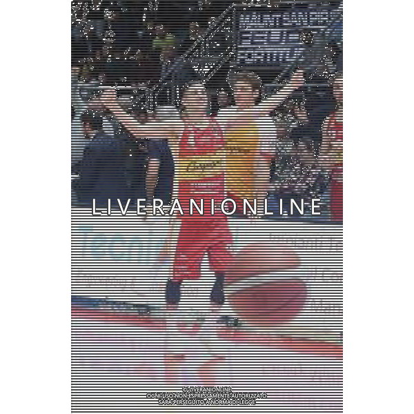 Campionato di Basket Serie A 2019/2020 Bologna, Italia 12/01/2020 Fortitudo Bologna vs Carpegna Prosciutto Basket Pesaro Nella foto: L\'esultanza di Federico Mussini (Carpegna Prosciutto Basket Pesaro) © LM/Michele Nucci AGENZIA ALDO LIVERANI SAS