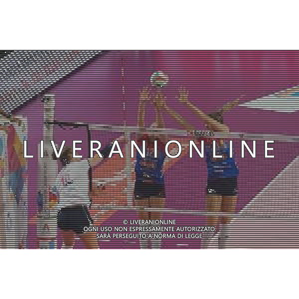 Campionato di Volley Serie A1 Femminile 2019/2020 Novara, Italia 26/01/2020 Igor Gorgonzola Novara vs Lardini Filottrano Nella foto: Schiacciata di Giulia Angelini, 10 (Lardini Filottrano) muro di Micha Hancock, 12 (Igor Gorgonzola Novara) e Cristina Chirichella, 10 (Igor Gorgonzola Novara) © Salvo Barbagallo - Alessio Marini / AGENZIA ALDO LIVERANI SAS