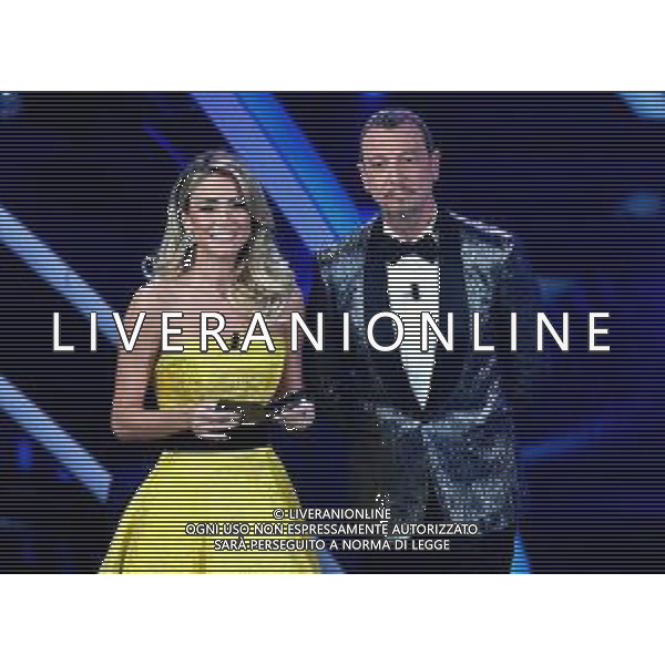 Foto: Aldo Liverani 04/02/2020 Sanremo (Italia) Spettacolo Serata n\'1 - 70\' Festival di Sanremo Teatro Ariston Nella foto: Amadeus e Diletta Leotta Photo: Aldo Liverani 04 February 2020 Sanremo (Italy) Entertainment Day 1 of 70\' Festival Sanremo In the pic: Amadeus and Diletta Leotta