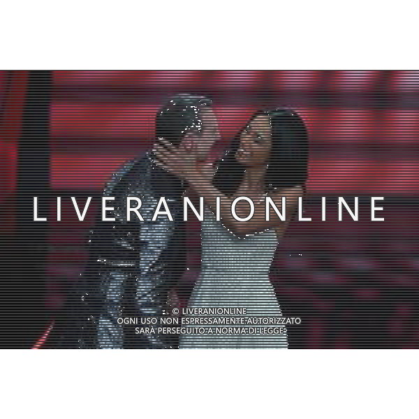 Foto: Aldo Liverani 04/02/2020 Sanremo (Italia) Spettacolo Serata n\'1 - 70\' Festival di Sanremo Teatro Ariston Nella foto: Amadeus e Rula Jebreal Photo: Aldo Liverani 04 February 2020 Sanremo (Italy) Entertainment Day 1 of 70\' Festival Sanremo In the pic: Amadeus and Rula Jebreal