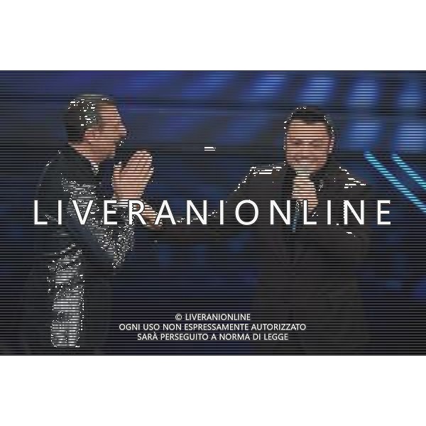 Foto: Aldo Liverani 04/02/2020 Sanremo (Italia) Spettacolo Serata n\'1 - 70\' Festival di Sanremo Teatro Ariston Nella foto: Amadeus e Tiziano Ferro Photo: Aldo Liverani 04 February 2020 Sanremo (Italy) Entertainment Day 1 of 70\' Festival Sanremo In the pic: Fiorello and Tiziano Ferro