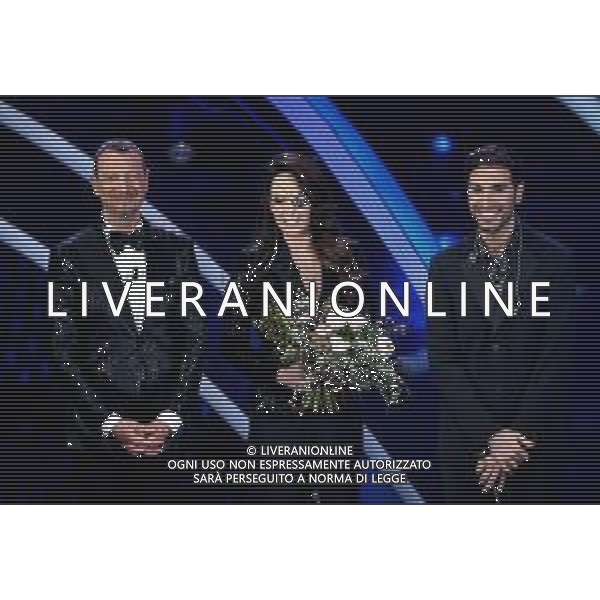 Foto: Aldo Liverani 04/02/2020 Sanremo (Italia) Spettacolo Serata n\'1 - 70\' Festival di Sanremo Teatro Ariston Nella foto: Amadeus, Gessica Notaro, Antonio Maggio Photo: Aldo Liverani 04 February 2020 Sanremo (Italy) Entertainment Day 1 of 70\' Festival Sanremo In the pic: Amadeus, Gessica Notaro and Antonio Maggio