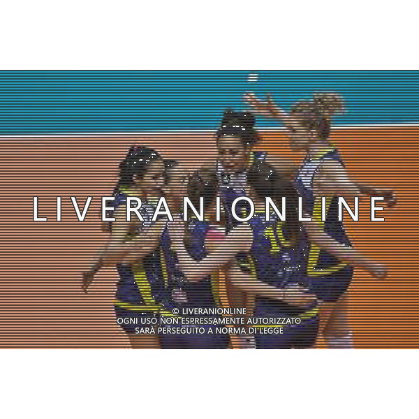Volley Champions League Women 2019/2020 Siena, Italia 05/02/2020 Savino Del Bene Scandicci vs Vakifbank Istanbul Nella foto: Esultanza Savino Del Bene Scandicci ©Lisa Guglielmi - Alessio Marini / AGENZIA ALDO LIVERANI SAS