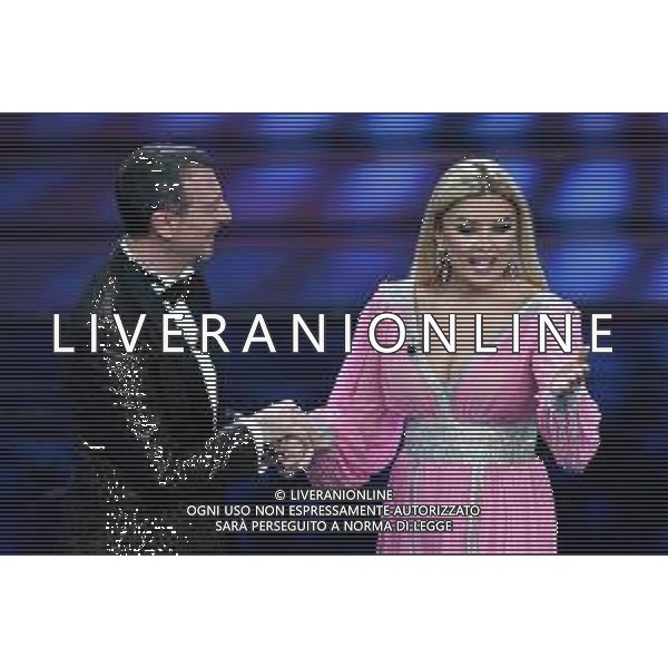 Foto: Aldo Liverani 06/02/2020 Sanremo (Italia) Spettacolo Serata n\'3 - 70\' Festival di Sanremo Teatro Ariston Nella foto: Amadeus e Alketa Vejsiu Photo: Aldo Liverani 06 February 2020 Sanremo (Italy) Entertainment Day 3 of 70\' Festival Sanremo In the pic: Amadeus and Alketa Vejsiu
