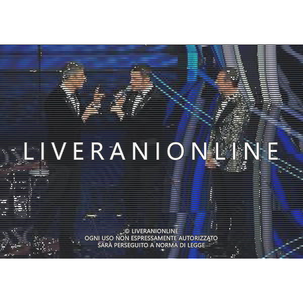 Foto: Aldo Liverani 07/02/2020 Sanremo (Italia) Spettacolo Serata n\'4 - 70\' Festival di Sanremo Teatro Ariston Nella foto: Fiorello, Tiziano Ferro, Amadeus Photo: Aldo Liverani 07 February 2020 Sanremo (Italy) Entertainment Day 4 of 70\' Festival Sanremo In the pic: Fiorello, Tiziano Ferro, Amadeus