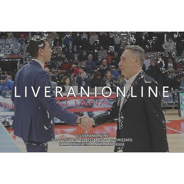 Campionato di Basket Serie A 2019/2020 Bologna, Italia 08/02/2020 Fortitudo Bologna vs Virtus Roma Nella foto: Antimo Martino, allenatore Fortitudo Pompea Bologna e Piero Bucchi allenatore Virtus Roma FOTO MICHELE NUCCI-ALESSIO MARINI-AG ALDO LIVERANI SAS