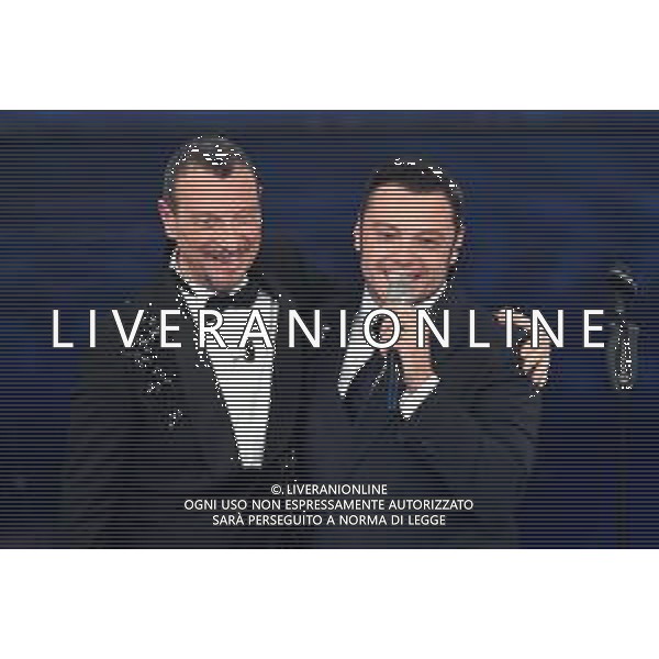 Foto: Aldo Liverani 08/02/2020 Sanremo (Italia) Spettacolo Serata n\'5 - 70\' Festival di Sanremo Teatro Ariston Nella foto: Amadeus, Tiziano Ferro Photo: Aldo Liverani 08 February 2020 Sanremo (Italy) Entertainment Day 5 of 70\' Festival Sanremo In the pic: Amadeus, Tiziano Ferro