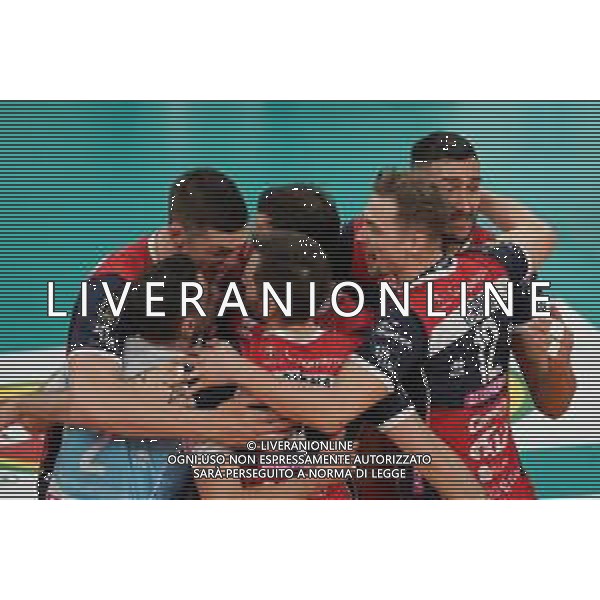 Campionato di Volley Superlega Serie A 2019/2020 Perugia, Italia 09/02/2020 Sir Safety Conad Perugia vs Gas Sales Piacenza Nella foto: gas sales piacenza esulta FOTO LORIS CERQUIGLINI-ALESSIO MARINI-AG ALDO LIVERANI SAS
