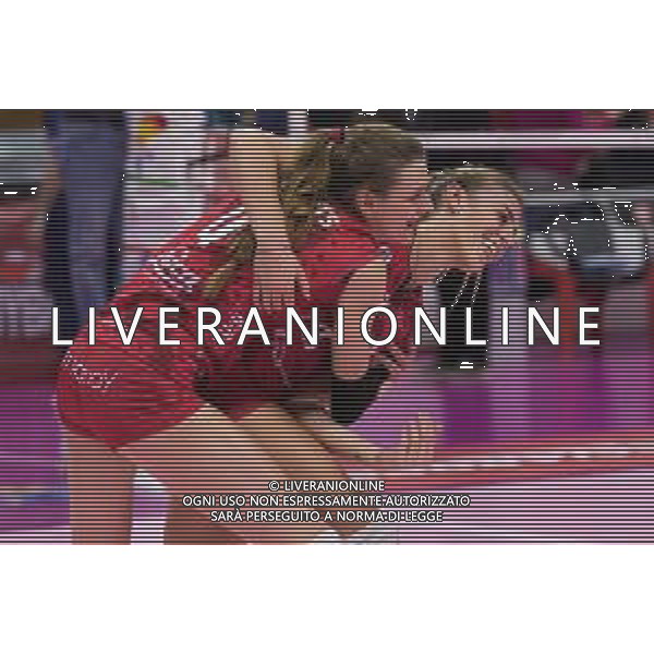 Campionato di Volley Serie A1 Femminile 2019/2020 Busto Arsizio, Italia 12/02/2020 Unet E-Work Busto Arsizio-Bartoccini Fortinfissi Perugia Nella foto: Britt Herbots e Alessia Orro scherzano a fine partita (UYBA Unet E-Work Busto Arsizio) ©Elisa Calabrese - Alessio Marini / AGENZIA ALDO LIVERANI SAS
