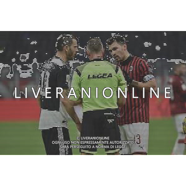 l’arbitro Paolo Valeri a confronto con i due capitani Leonardo Bonucci (Juventus) SX e Alessio Romagnoli (MIlan) DX Milan vs Juventus Coppa Italia - semifinale gara di andata Milano 13-02-2020 Stadio Giuseppe Meazza - San Siro foto Roberto Garavaglia - ag. Aldo Liverani sas
