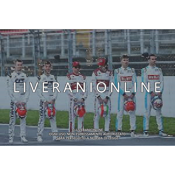 (L to R): Daniil Kvyat (RUS) AlphaTauri; Pierre Gasly (FRA) AlphaTauri; Kimi Raikkonen (FIN) Alfa Romeo Racing; Antonio Giovinazzi (ITA) Alfa Romeo Racing; George Russell (GBR) Mercedes AMG F1 Test Driver; Nicholas Latifi (CDN) Williams Racing, at a drivers group photograph. 19.02.2020. Formula One Testing, Day One, Barcelona, Spain. Wednesday. - / AGENZIA ALDO LIVERANI SAS - ITALY ONLY EDITORIAL USE ONLY - Test F1 Barcellona Spagna 19.02.2020