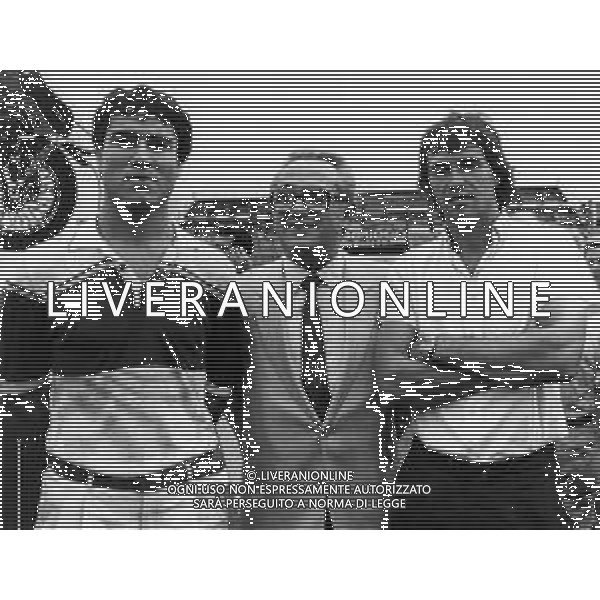 RETROSPETTIVA MASSIMO ALBIERO CALCIATORE NELLA FOTO MASSIMO ALBIERO BERETTA MARIO PRESIDENTE DEL COMO CALCIO E DIETER MIRNEGG AG ALDO LIVERANI SAS