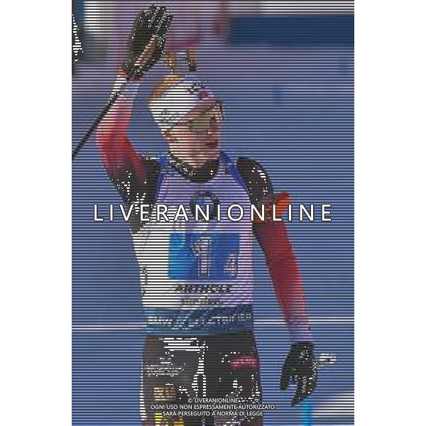 Biathlon Anterselva (BZ), Italia 22/02/2020 IBU World Cup Biathlon 2020 - 4x7.5 Km - Staffetta Maschile Nella foto: Thignes Johannes Boe (FRA) esulta doppio traguardo per la sua medaglia di argento ©Franco DeBernardi - Alessio Marini / AGENZIA ALDO LIVERANI SAS