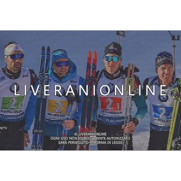 Biathlon Anterselva (BZ), Italia 22/02/2020 IBU World Cup Biathlon 2020 - 4x7.5 Km - Staffetta Maschile Nella foto: Da sin.: Martin Fourcade, Simon Desthieux, Jaquelin Emilien e Quentin Fillon Maillet (FRA) esultano dopo il traguardo per la loro medaglia di oro ©Franco DeBernardi - Alessio Marini / AGENZIA ALDO LIVERANI SAS
