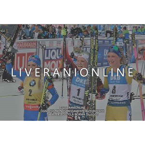 Biathlon Anterselva (BZ), Italia 23/02/2020 IBU World Cup Biathlon 2020 - Partenza in Linea Femminile Nella foto: all\'arrivo, da sinistra Dorothea Wierer (ITA), Roiseland Marte Osbi (NOR), Oeberg Hanna (SWE) ©Marco Todaro - Alessio Marini / AGENZIA ALDO LIVERANI SAS