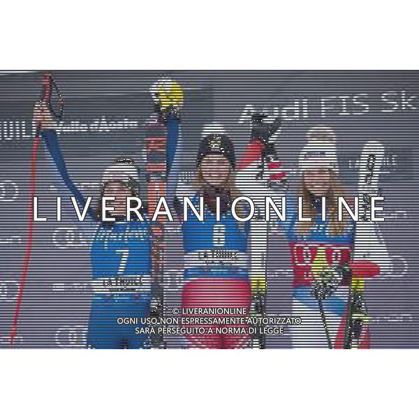 Sci Alpino La Thuile, Italia 29/02/2020 Coppa del Mondo - Super G Femminile Nella foto: Podio BRIGNONE Federica, ORTLIEB Nina (AUT), SUTER Corinne (SUI) FOTO SERGIO BISI-ALESSIO MARINI-AG ALDO LIVERANI SAS
