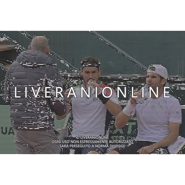 07-03-2020 PLAYOFF COPPA DAVIS ITALIA COREA DEL SUD, ITALIA, SARDEGNA, CAGLIARI, TENNIS CLUB MONTE URPINU. DOPPIO NELLA FOTO: FABIO FOGNINI E SIMONE BOLELLI CON L\'ALLENATORE CORRADO BARAZZUTTI ©SALVATORE MOI/AGENZIA ALDO LIVERANI SAS. / AGENZIA ALDO LIVERANI SAS