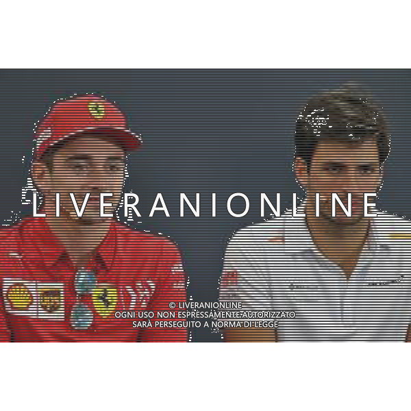 (L to R): Charles Leclerc (MON) Ferrari with Carlos Sainz Jr (ESP) McLaren in the FIA Press Conference. 10.10.2019. Formula 1 World Championship, Rd 17, Japanese Grand Prix, Suzuka, Japan, Preparation Day. / AGENZIA ALDO LIVERANI SAS - ITALY ONLY EDITORIAL USE ONLY