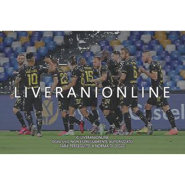 NAPOLI - INTER SEMIFINALE RITORNO DI COPPA ITALIA TIM CUP 13.06.2020 - PARTITA GIOCATA A PORTE CHIUSE PER L\'EMERGENZA CORONAVIRUS NELLA FOTO: ESULTANZA DOPO IL GOL DI CHRISTIAN ERIKSEN DEL 0-1 ©MOSCA / AGENZIA ALDO LIVERANI SAS