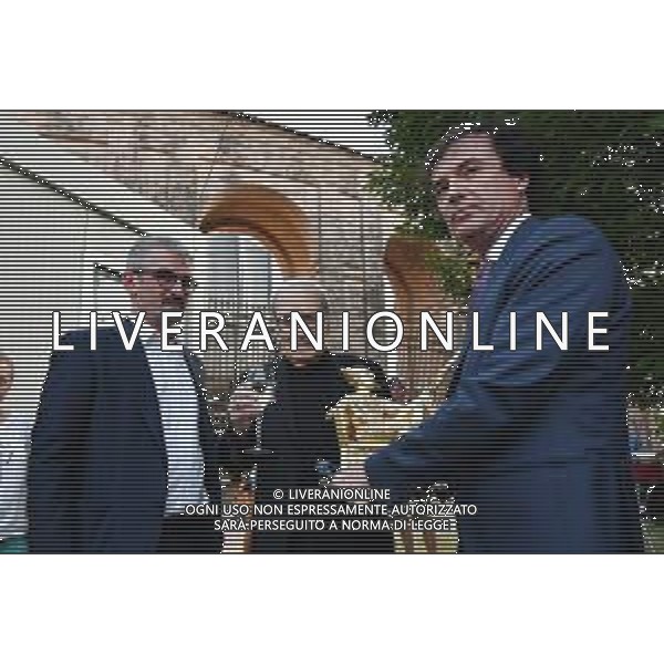 Cultura Palazzo Te , Mantova, Italia, 28 giugno 2019 Ennio Morricone in concerto Nella foto: Ennio Morricone riceve il premio Arlecchino d\'oro alla presenza del sindaco di Mantova Mattia Palazzi e del presidente della Fondazione Artioli Francesco Ghisi ©Alessio Tarpini - Alessio Marini / AGENZIA ALDO LIVERANI SAS