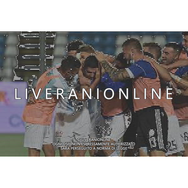 Campionato di Calcio Serie B 2019/2020 Chiavari (GE), Italia, 13 luglio 2020 Virtus Entella vs Pisa Nella foto: I compagfni di squadra festeggiano Michele Pellizzer dopo il gol del 1-1 FOTO GABRIELE MASOTTI-AG LMMEDIA-AG ALDO LIVERANI SAS
