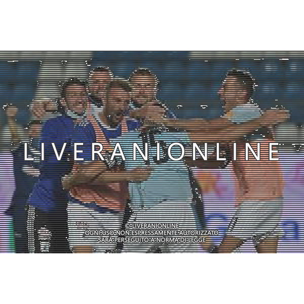 Campionato di Calcio Serie B 2019/2020 Chiavari (GE), Italia, 13 luglio 2020 Virtus Entella vs Pisa Nella foto: I compagfni di squadra festeggiano Michele Pellizzer dopo il gol del 1-1 FOTO GABRIELE MASOTTI-AG LMMEDIA-AG ALDO LIVERANI SAS