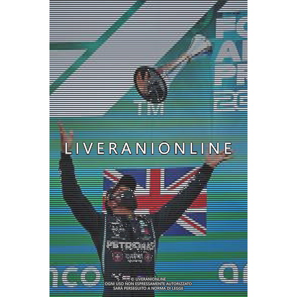 Race winner Lewis Hamilton (GBR) Mercedes AMG F1 celebrates on the podium. 16.08.2020. Formula 1 World Championship, Rd 6, Spanish Grand Prix, Barcelona, Spain, Race Day. - www.xpbimages.com, EMail: requests@xpbimages.com © Copyright: Batchelor / XPB Images/ AGENZIA ALDO LIVERANI SAS - ITALY ONLY EDITORIAL USE ONLY