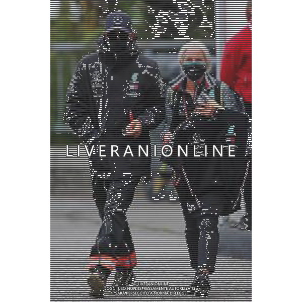 Lewis Hamilton (GBR) Mercedes AMG F1 with Angela Cullen (NZL) Mercedes AMG F1 Physiotherapist. 28.08.2020. Formula 1 World Championship, Rd 7, Belgian Grand Prix, Spa Francorchamps, Belgium, Practice Day. - www.xpbimages.com, EMail: requests@xpbimages.com © Copyright: Moy / XPB Images / AGENZIA ALDO LIVERANI SAS - ITALY ONLY EDITORIAL USE ONLY
