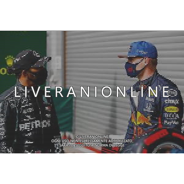 Lewis Hamilton (GBR) Mercedes AMG F1 with Max Verstappen (NLD) Red Bull Racing in qualifying parc ferme. 29.08.2020. Formula 1 World Championship, Rd 7, Belgian Grand Prix, Spa Francorchamps, Belgium, Qualifying Day. - www.xpbimages.com, EMail: requests@xpbimages.com - copy of publication required for printed pictures. Every used picture is fee-liable. © Copyright: FIA Pool Image for Editorial Use Only/ AGENZIA ALDO LIVERANI SAS - ITALY ONLY EDITORIAL USE ONLY