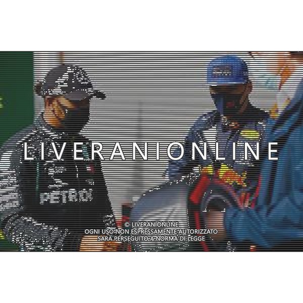 Lewis Hamilton (GBR) Mercedes AMG F1 with Max Verstappen (NLD) Red Bull Racing in qualifying parc ferme. 29.08.2020. Formula 1 World Championship, Rd 7, Belgian Grand Prix, Spa Francorchamps, Belgium, Qualifying Day. - www.xpbimages.com, EMail: requests@xpbimages.com - copy of publication required for printed pictures. Every used picture is fee-liable. © Copyright: FIA Pool Image for Editorial Use Only/ AGENZIA ALDO LIVERANI SAS - ITALY ONLY EDITORIAL USE ONLY