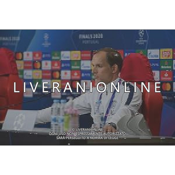 LISBON, PORTUGAL - AUGUST 11: In this UEFA Handout picture Thomas Tuchel, Manager of PSG speaks to the media during the PSG Press Conference ahead of the UEFA Champions League Quarter Final match between Atalanta and PSG at Estadio do Sport Lisboa e Benfica on August 11, 2020 in Lisbon, Portugal. (Photo by UEFA - Handout/UEFA via Getty Images) AG ALDO LIVERANI SAS