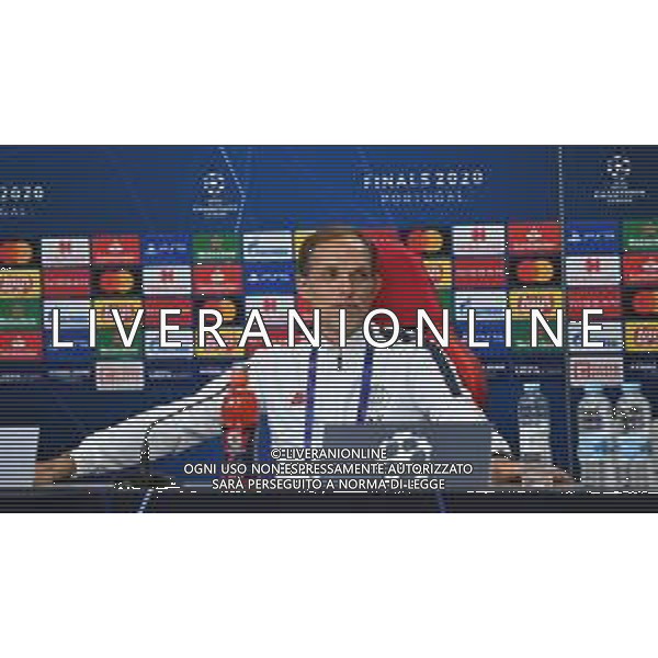 LISBON, PORTUGAL - AUGUST 11: In this UEFA Handout picture Thomas Tuchel, Manager of PSG speaks to the media during the PSG Press Conference ahead of the UEFA Champions League Quarter Final match between Atalanta and PSG at Estadio do Sport Lisboa e Benfica on August 11, 2020 in Lisbon, Portugal. (Photo by UEFA - Handout/UEFA via Getty Images) AG ALDO LIVERANI SAS