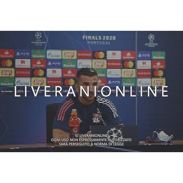 LISBON, PORTUGAL - AUGUST 18: Anthony Lopes of Olympique Lyon speaks to the media during a press conference ahead of their UEFA Champions League Semi Final match against Bayern Munich at Estadio do Sport Lisboa e Benfica on August 18, 2020 in Lisbon, Portugal. (Photo by UEFA - Handout/UEFA via Getty Images) AG ALDO LIVERANI SAS
