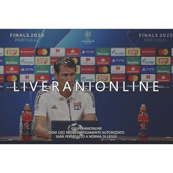 LISBON, PORTUGAL - AUGUST 18: Rudi Garcia, Head Coach of of Olympique Lyon speaks to the media during a press conference ahead of their UEFA Champions League Semi Final match against Bayern Munich at Estadio do Sport Lisboa e Benfica on August 18, 2020 in Lisbon, Portugal. (Photo by UEFA - Handout/UEFA via Getty Images) AG ALDO LIVERANI SAS