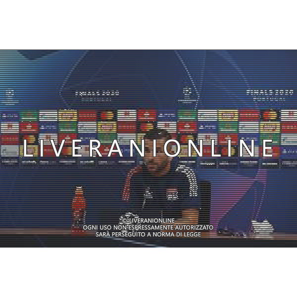LISBON, PORTUGAL - AUGUST 18: Anthony Lopes of Olympique Lyon speaks to the media during a press conference ahead of their UEFA Champions League Semi Final match against Bayern Munich at Estadio do Sport Lisboa e Benfica on August 18, 2020 in Lisbon, Portugal. (Photo by UEFA - Handout/UEFA via Getty Images) AG ALDO LIVERANI SAS