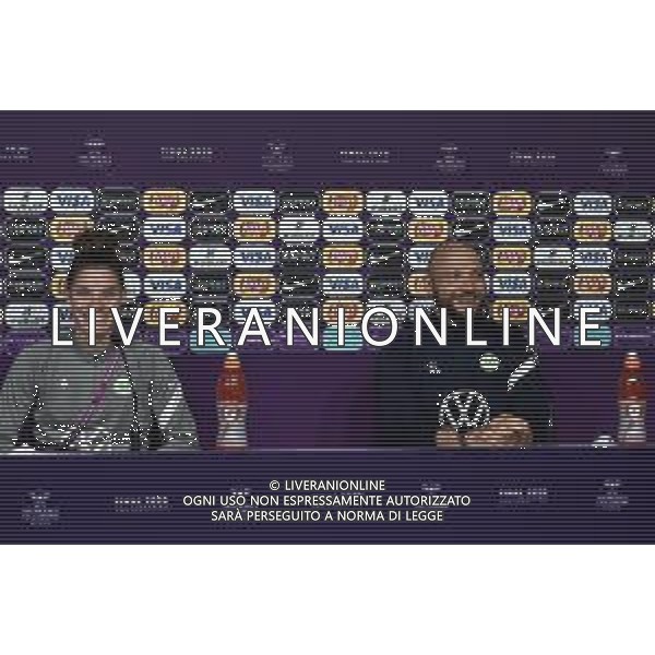 SAN SEBASTIAN, SPAIN - AUGUST 29: Dominique Janssen of Vfl Wolfsburg and Stephan Lerch, Manager of Vfl Wolfsburg during the press conference one day ahead of the UEFA Women\'s Champions League Final between Olympique Lyonnais and VfL Wolfsburg Women\'s at Estadio Anoeta on August 29, 2020 in San Sebastian, Spain. (Photo by UEFA/UEFA via Getty Images) AG ALDO LIVERANI SAS
